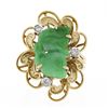 Image 4 : Vintage 14k Gold Carved Leaf Jade & Diamond Dual Finish Open Frame Cocktail Ring