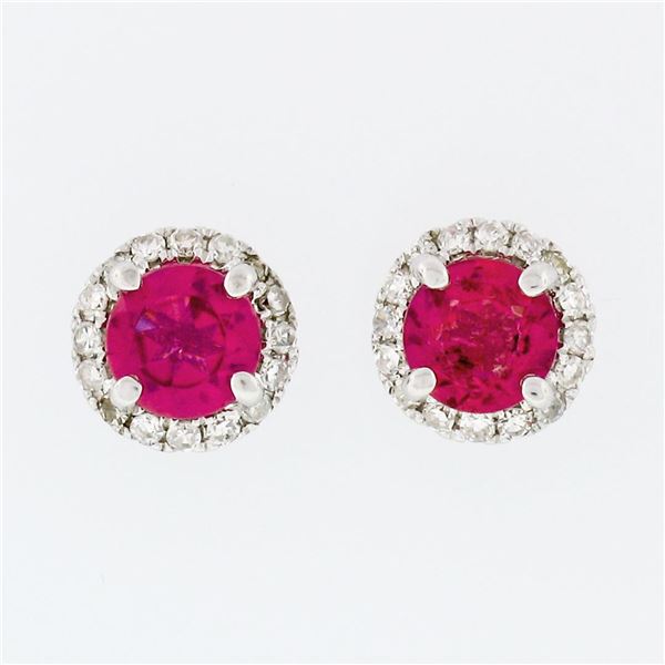 14k White Gold 1.35 ctw Round Prong Pink Tourmaline & Diamond Halo Stud Earrings