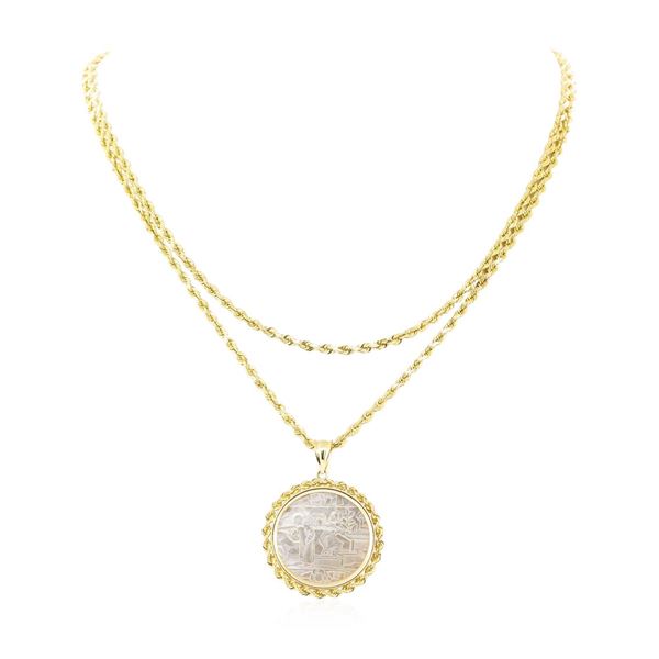 Mother of Pearl Coin Pendant & Chain - 14KT Yellow Gold