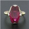 Image 2 : Antique Edwardian 14K TT Gold Faceted Roll Top Red Stone Solitaire Engraved Ring