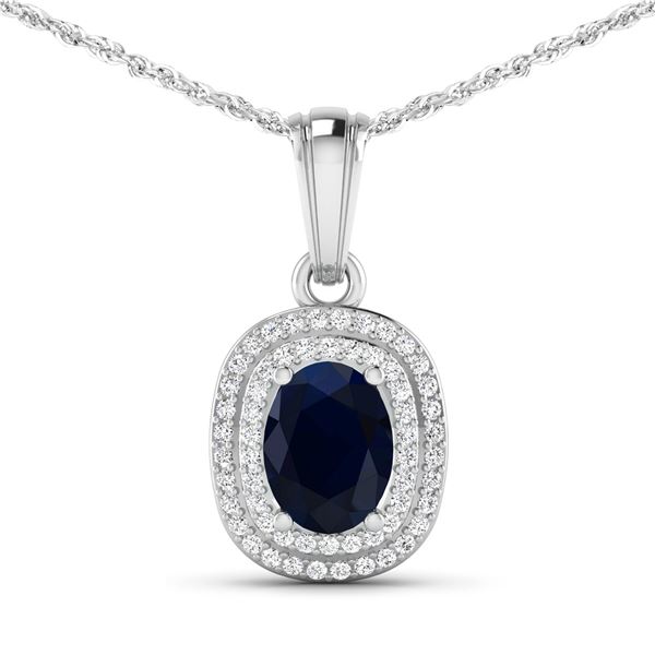 14KT White Gold 1.3ct Blue Sapphire and Diamond Pendant with Chain