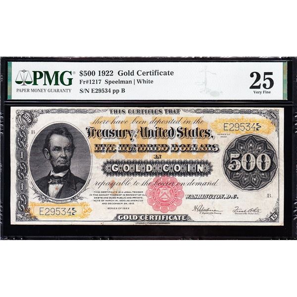 1922 $500 Gold Certificate PMG 25