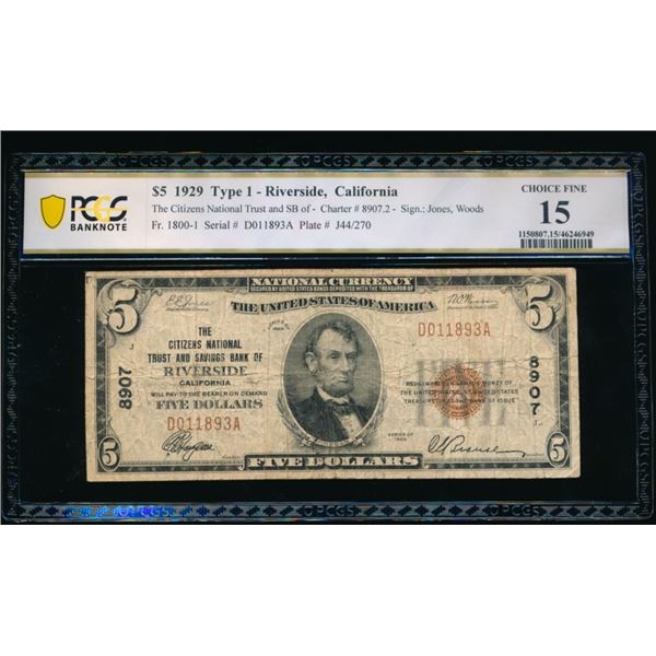 1929 $5 Riverside CA National PCGS 15