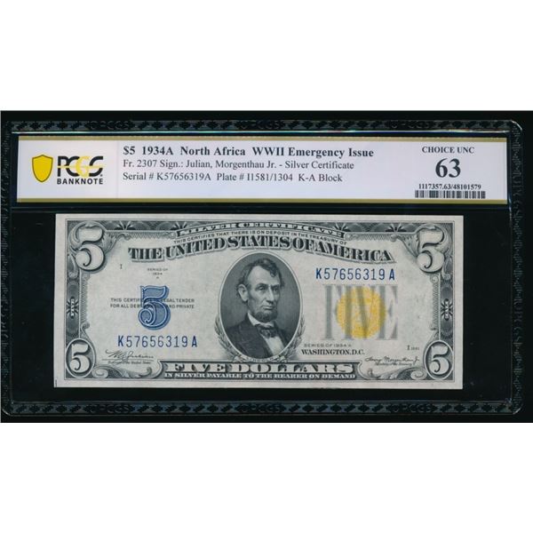 1934A $10 N Africa Silver Certificate PCGS 63