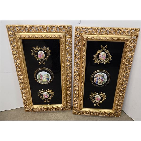 Estate | Pair of Vintage Ornate Porcelain Framed | Wall Decor