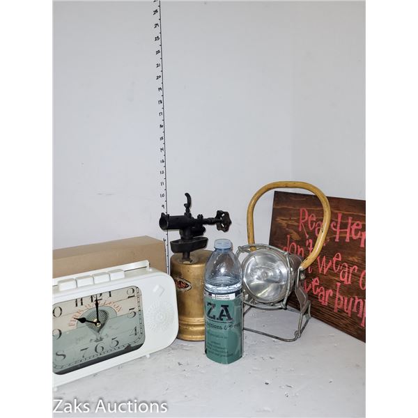 Lot of Vintage Estate Items | Clock | Brass Blow Torch | Miners/Railway Lamp