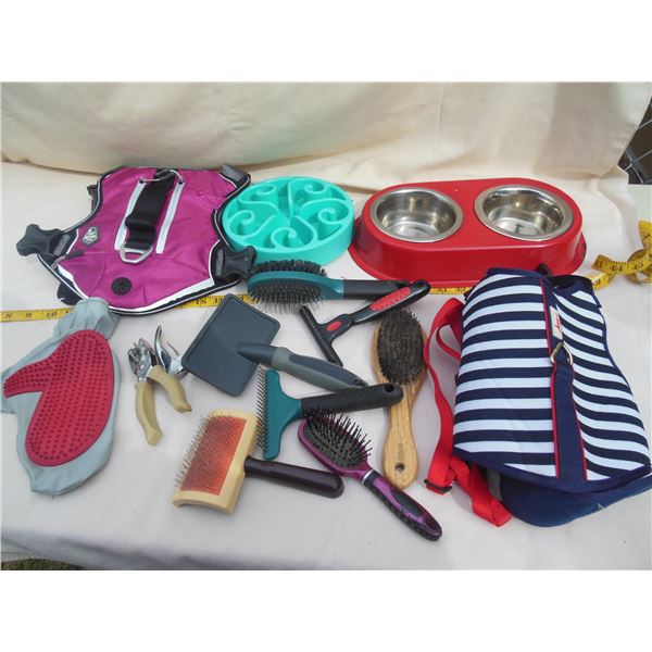 Lot of Dog Items – Including Dishes, Harnesses, Brushes & Clippers