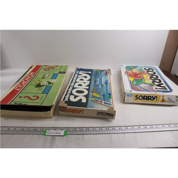 (3) Board Games - As Is - Monopoly, Sorry!