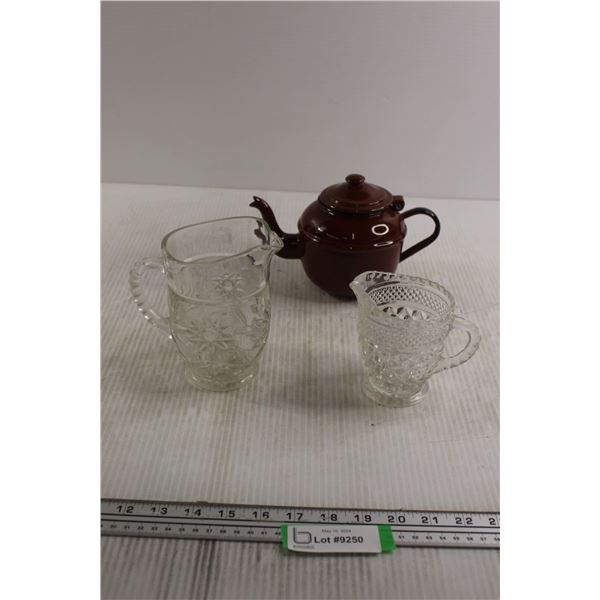 (2) Glass Pitchers, Brown Teapot