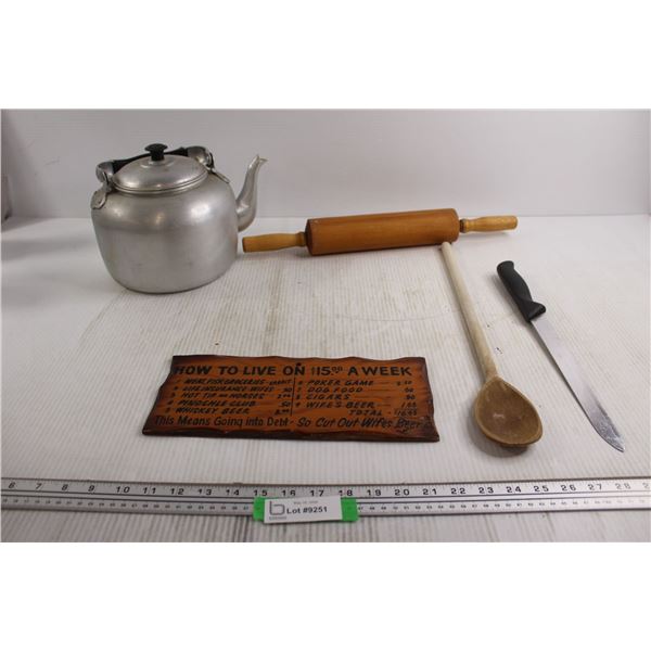Rolling Pin, Kettle, Assorted Kitchen Items