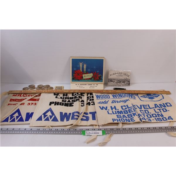 Cleveland Lumber Saskatoon Vintage Lot (Tool Apron, Meter Stick & Calendar) & Pioneer Themed Memorab