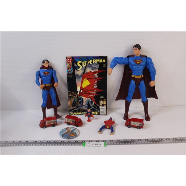 Superman Lot: Comic, Figurines, Cars, Button, Misc