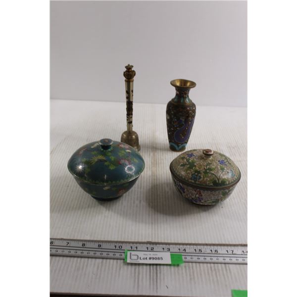 (2) Chinese Cloisonne Bowls with Lids, Vase, and Bell