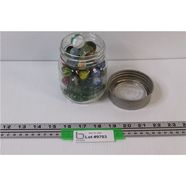 Vintage Improved Gem Glass Jar filled with Vintage Glass Marbles