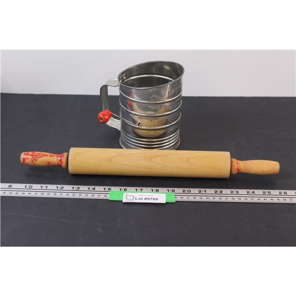(2) Vintage Bromwell's Measuring Cup Flour Sifter & Vintage Wooden Rolling Pin