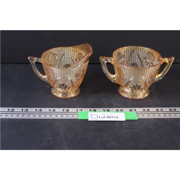 Jeanette Glass Carnival Glass Iris & Herringbone Creamer & Sugar Set 1930's