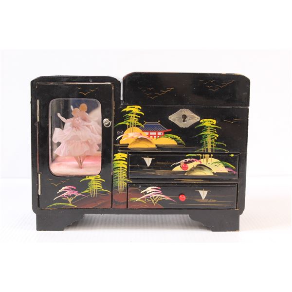Hand Painted Lacquer 1950's Marked Japan Ballerina Music Box / Jewelry Trinket Box