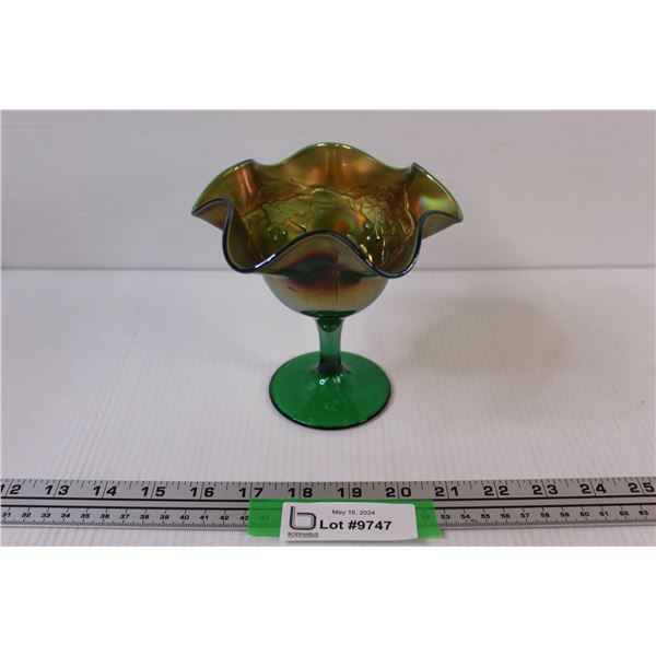 Fenton 1907 Carnival Glass Green "Birds & Cherries" Stemmed Ruffled 6" Compote