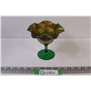 Image 1 : Fenton 1907 Carnival Glass Green "Birds & Cherries" Stemmed Ruffled 6" Compote
