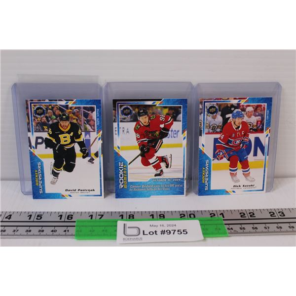 (3) Connor Bedard Rookie Moments 2023; David Pasternak & Nick Suzuki Superstars Hockey Cards