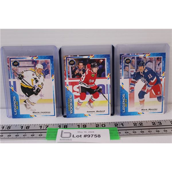(3) Connor Bedard Prominent Rookies 2024; Mario Lemieux & Mark Messier Legends Hockey Cards