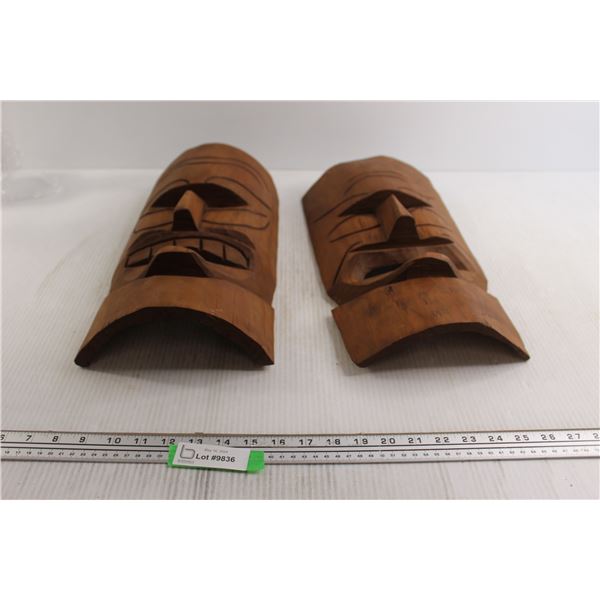 (2) Hand Carved Tikki Tikki Wall Masks - 17"