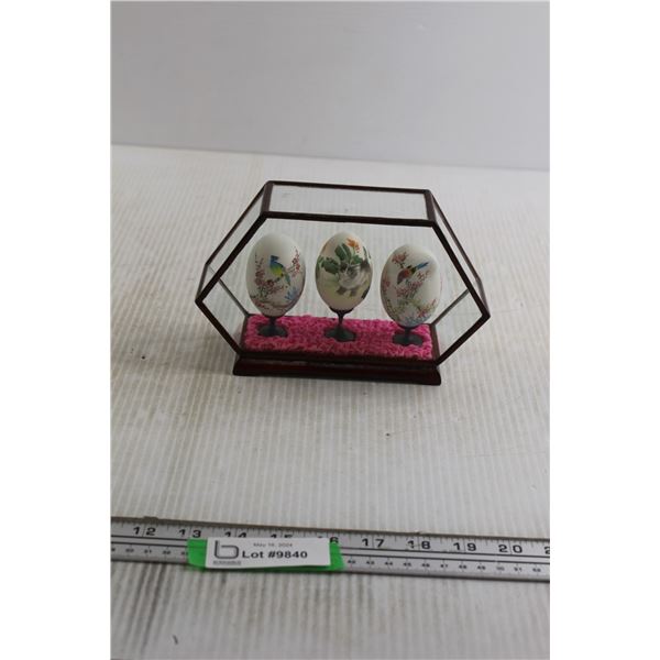(3) Hand Painted Eggs in Display Case
