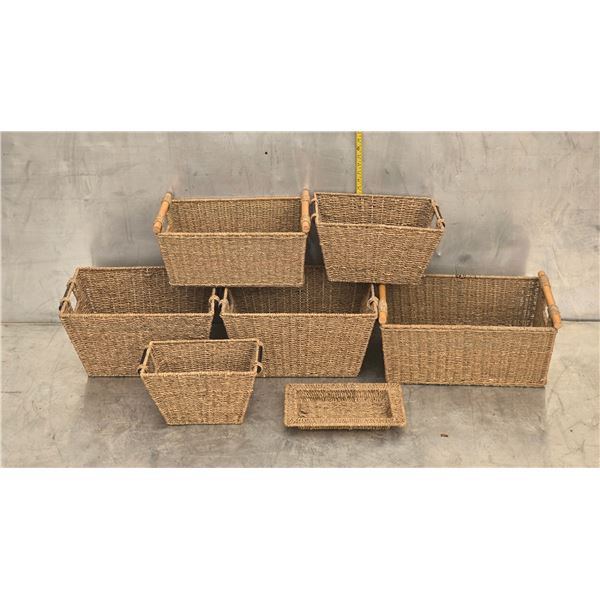 573 -- HAND WOVEN SEAGRASS STORAGE BASKETS 7 PIECES TOTAL