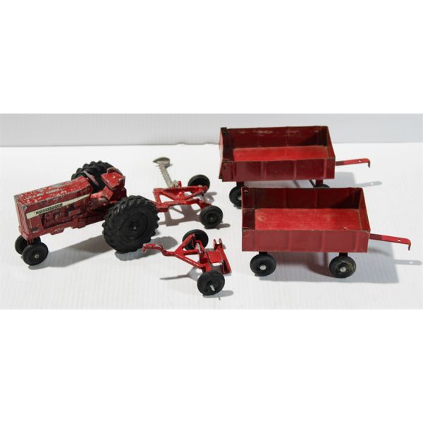 VINTAGE ERTL 656 TRACTOR, WAGONS, PARTS 