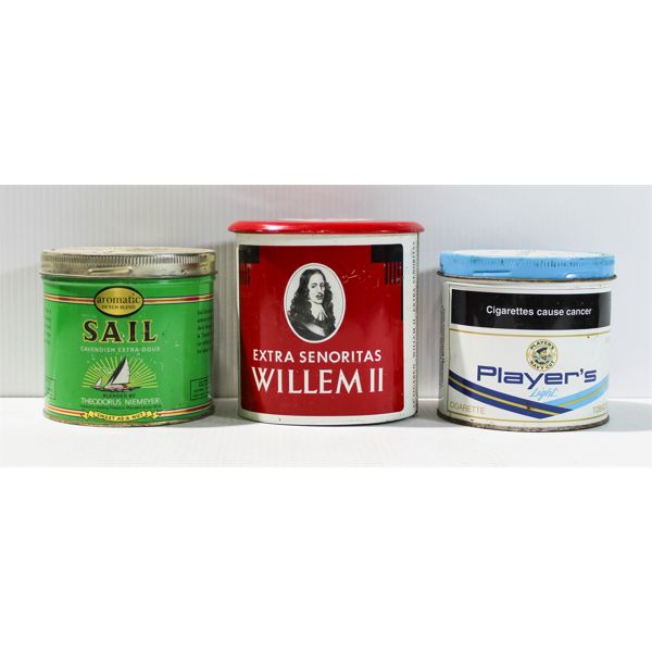 THREE VINTAGE TOBACCO TINS - INCLUDES PLAYER'S SAIL AND WILLEM II