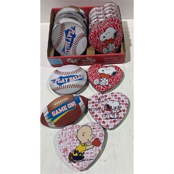 18 X 1.5OZ TINS ORIGIAL GOURMENT COOKIES BASEBALL, FOOTBALL, PEANUTS CHARACTERS