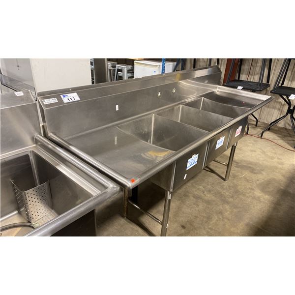 ATLANTA CULINARY EQUIPMENT 3 BAY STAINLESS STEEL COMMERCIAL WASH SINK ( APPROX. 84"W X 27"D X 35"H )