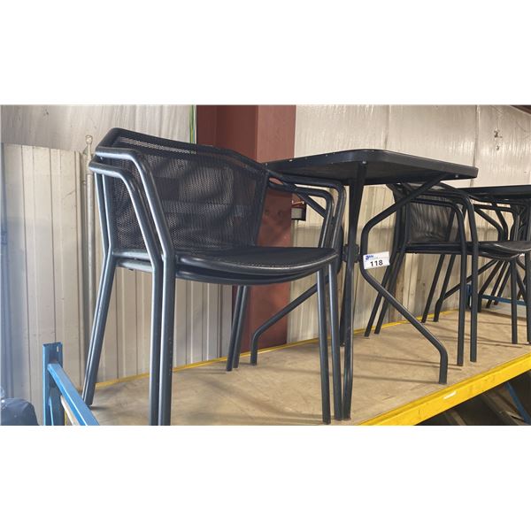 BLACK METAL OUTDOOR CAFE TABLE WITH 2 MATCHING ARM CHAIRS