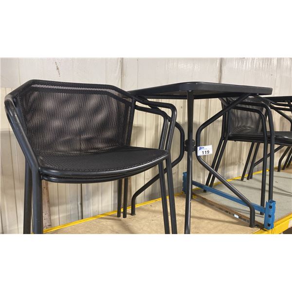 BLACK METAL OUTDOOR CAFE TABLE WITH 2 MATCHING ARM CHAIRS