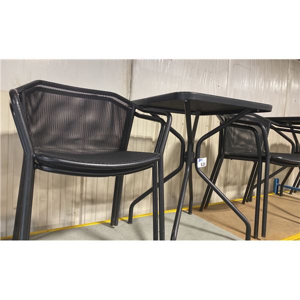 BLACK METAL OUTDOOR CAFE TABLE WITH 2 MATCHING ARM CHAIRS