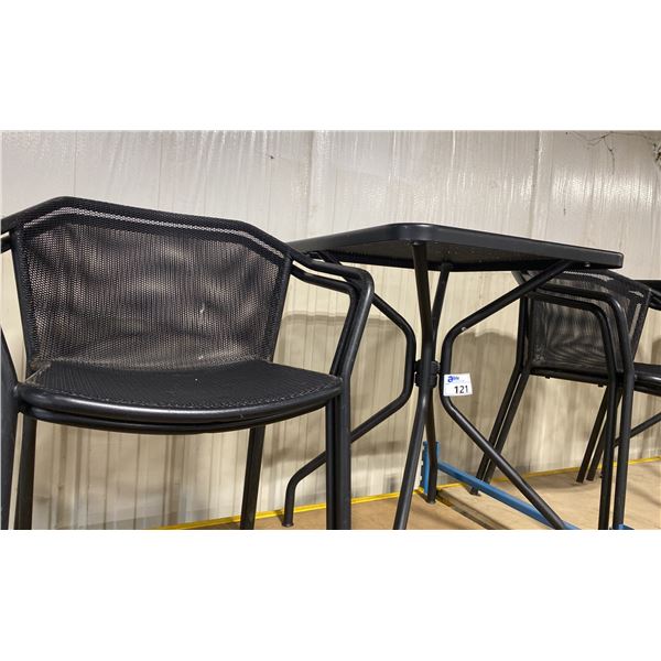 BLACK METAL OUTDOOR CAFE TABLE WITH 2 MATCHING ARM CHAIRS