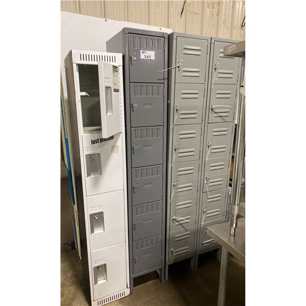 12 DOOR GREY METAL LOCKER SYSTEM, 6 DOOR DARK GREY METAL LOCKER SYSTEM, 4 DOOR WHITE METAL LOCKER