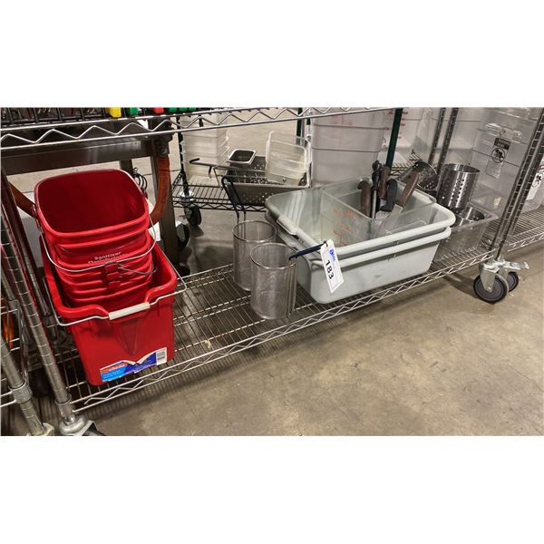 ASSORTED COMMERCIAL KITCHEN CONTAINERS, KNIVES, CUTLERY HOLDERS, DEEP FRY BASKETS & KITCHEN