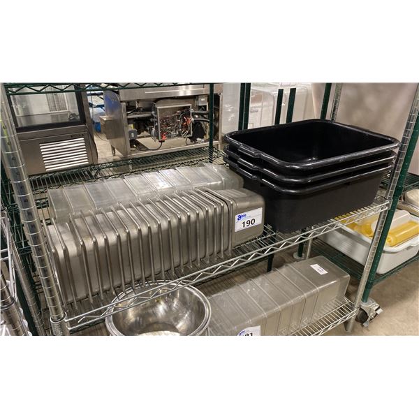 ASSORTED COMMERCIAL STAINLESS STEEL/ PLASTIC INSERTS & 3 BLACK DISH BINS