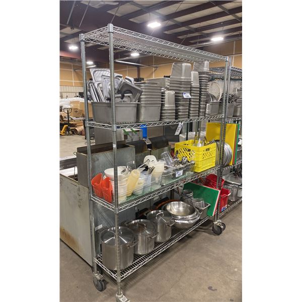 4 TIER CHROME MOBILE METRO STYLE RACK ( APPROX. 5'W X 14"D X 80"H ) ** CONTENTS NOT INCLUDED **