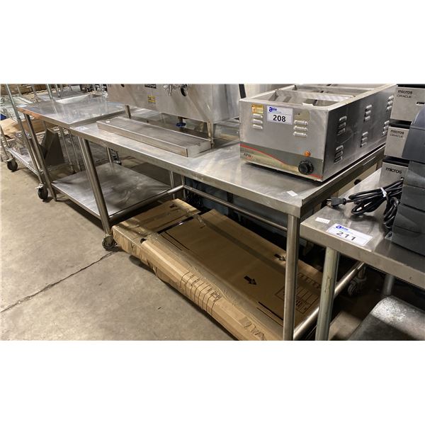 2 TIER STAINLESS STEEL MOBILE PREPARATION TABLE ( APPROX. 64"W X 32"D X 37"H ) ** CONTENTS NOT