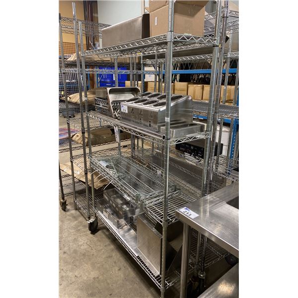 4 TIER CHROME MOBILE METRO STYLE RACK ( APPROX. 4'W X 14"D X 80"H ) ** CONTENTS NOT INCLUDED **