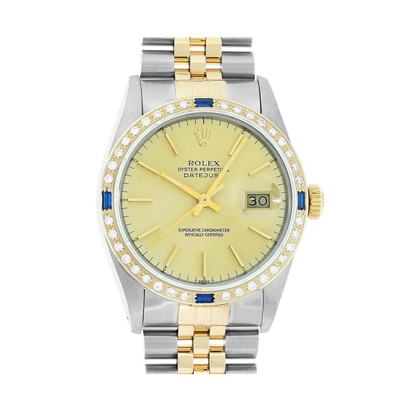 Rolex Mens Champagne Index Dial 18K Yellow Gold Sapphire And Diamond Bezel Datej