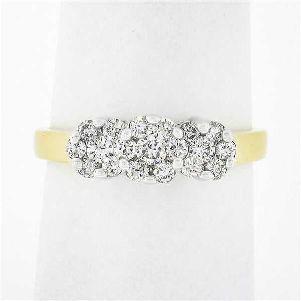 14k TT Gold 0.55 ctw Round Brilliant Cut Diamond Triple 3 Flower Cluster Band Ri