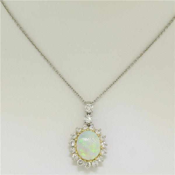 Solid Platinum 18K Yellow Gold 3.69 ctw Oval Opal & Diamond Halo Pendant Necklac