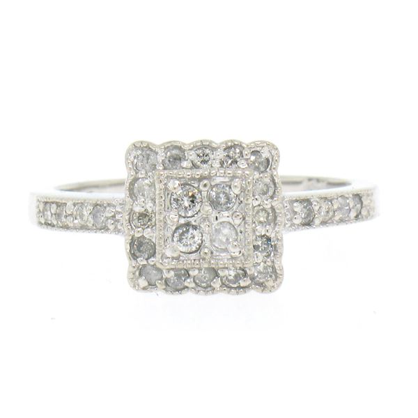 Solid 14k White Gold 0.50 ctw Round Diamond Petite Square Cluster Cocktail Ring