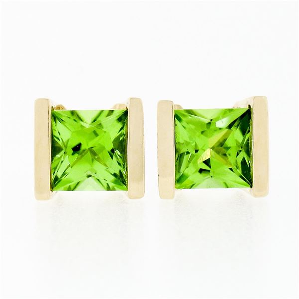 Classic 14K Yellow Gold 2.60 ctw Square Cut Channel Set Peridot Post Stud Earrin