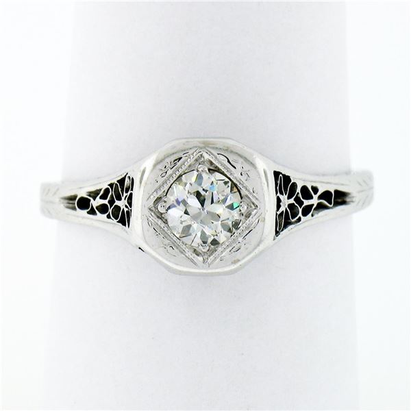 Antique Art Deco 14k Gold 0.36 ctw European Diamond Solitaire Open Filigree Ring