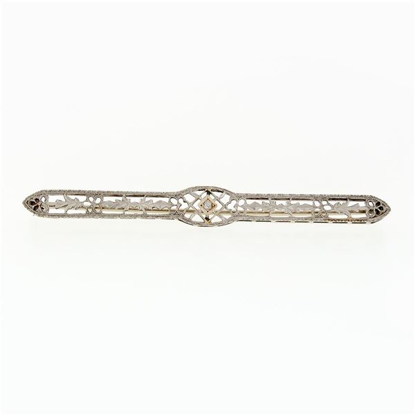 Antique Art Deco 14k White Gold Mine Cut Diamond Open Filigree Bar Pin Brooch