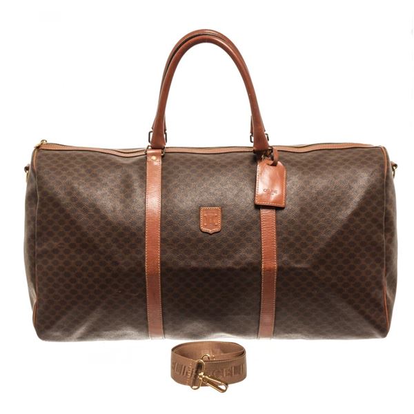 Celine Brown Coated Canvas Macadam Two Way Travel Bag